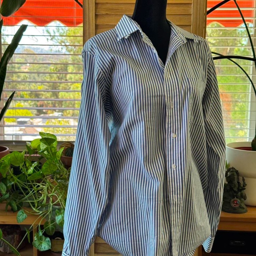 Stafford navy white vertical stripe long-sleeve dress shirt.